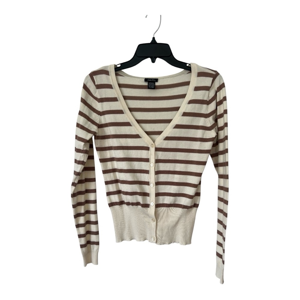 Rue 21 Striped V-Neck Sweater / Cream with brown stripes Sise M.